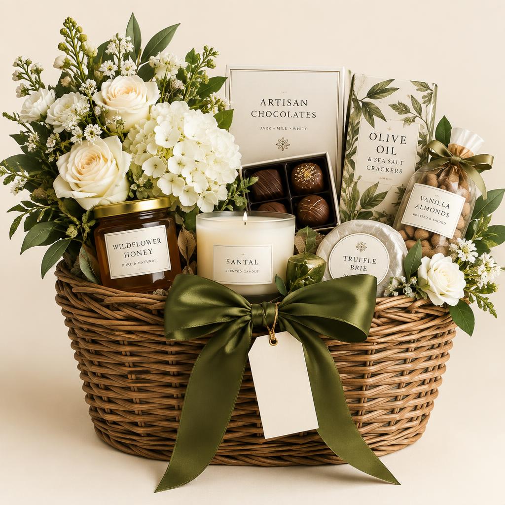 A custom Lysa's Gifts basket with candles, chocolates and flowers